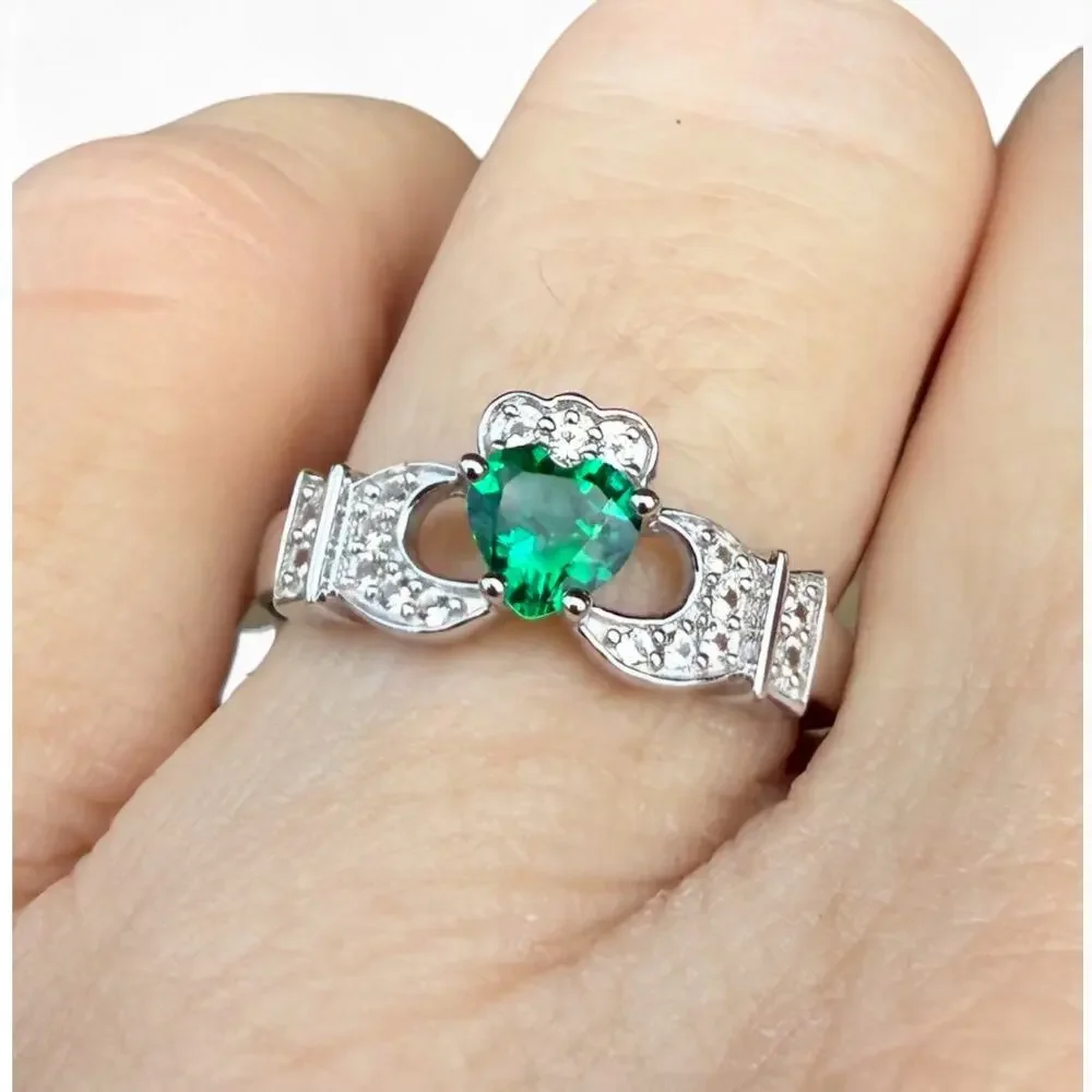 Created Green Emerald Created Sapphire Claddagh Ring 925 Sterling Silver Size 7